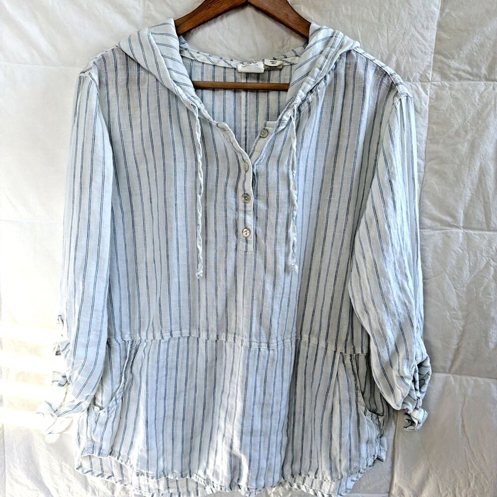 C&C California Womens Medium 100% Linen Striped Hoodie Pullover Shirt White Blue